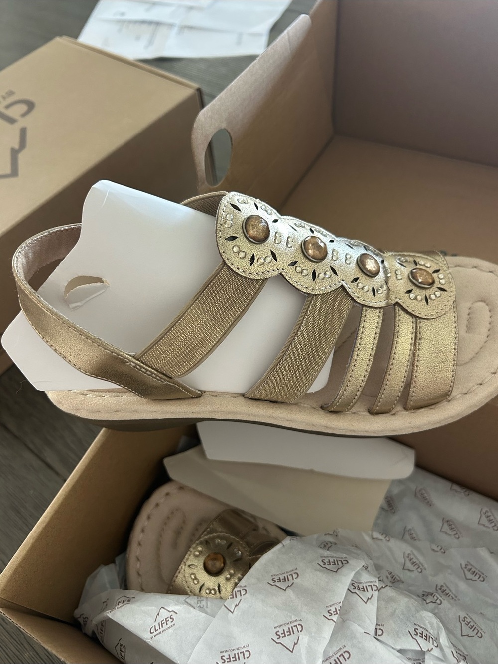 Cliffs by WHITE MOUNTAIN Gold Metallic T-Strap Decorative Sandals